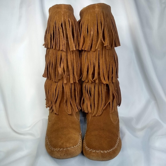 LC Lauren Conrad 3 Tier Fringe Suede Boots Chestnut Boho THIA Size 9 Mid Calf - Picture 5 of 7